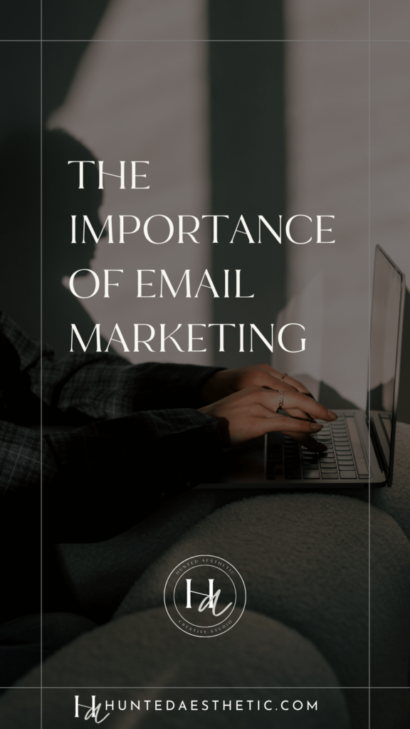 Pinterest image, woman typing on her computer. Title text over the image reads 'The Importance of Email Marketing;